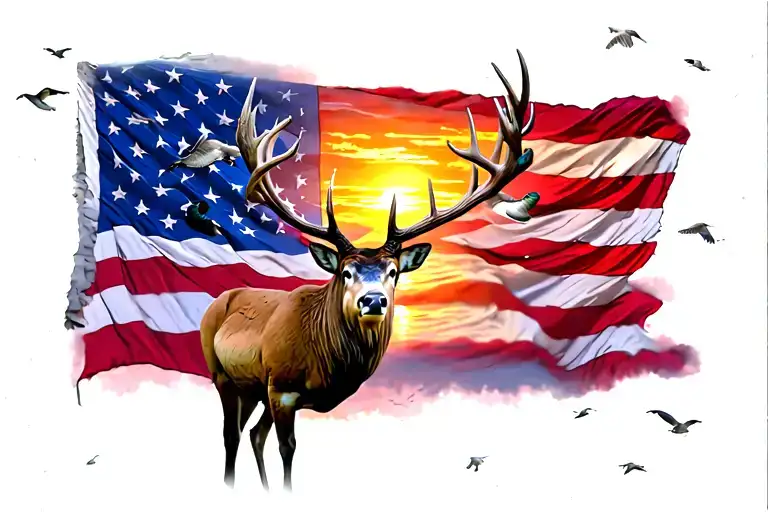Cross Whitetail Buck Flying Ducks Sunset American Flag