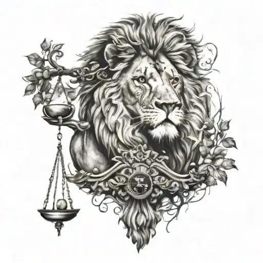 Lion Head And Justice Scales With Life Tree Emerging