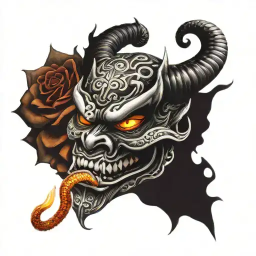Japanese Devil Mask With A Snake And A Burning Rose In Its Mouth