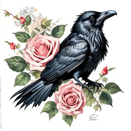 Black Raven Flying Surrounded By Two Wrapped Roses