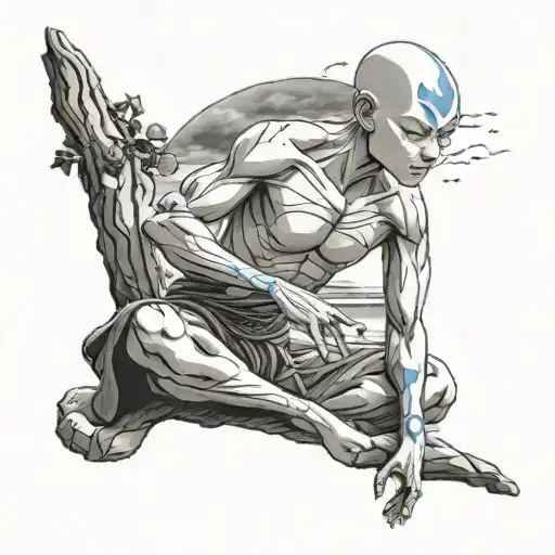 A Realism Tattoo Of Aang From Avatar Last Air Bender Meditating In A Serene Outdoor Setting