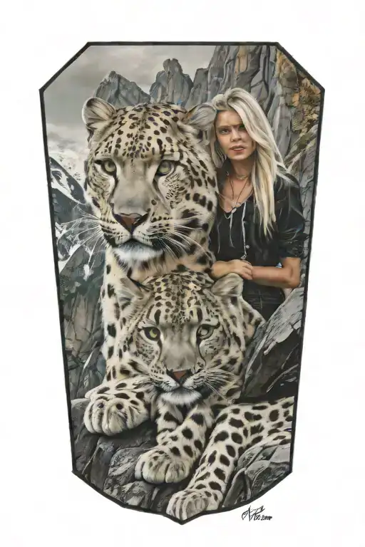 A Blonde American Woman With Green Eyes And A Snow Leopard On A Rocky Mountain Backdrop
