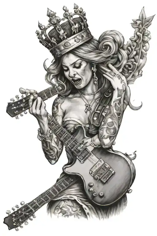 Woman With Crown On Her Head Playing Guitar And Crying