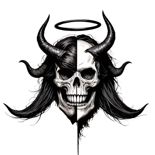 Half Angle Half Demonic Skull With A Halo And Devil Horns