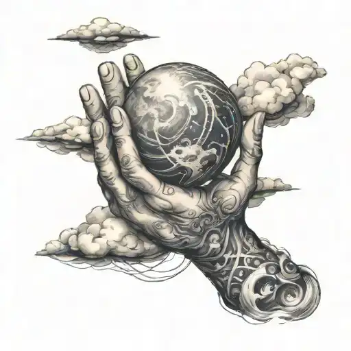 God's Hand Reaching Down From The Clouds To Touch The Earth With Celestial Line Patterns