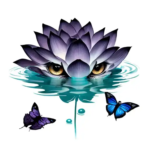Black Panther Eyes In Water Behind Lotus Flower And Butterfly Resting On Lotus Flower