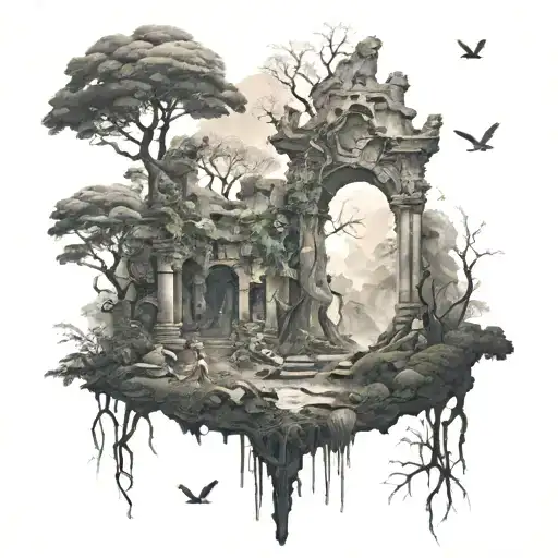 A Mystical Forest Scene With Hidden Creatures And Ancient Ruins