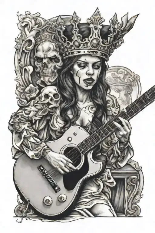 Modern Woman With Crown On Her Head Playing Guitar And Crying