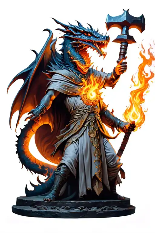 Cleric With A Glowing Hammer Fighting A Dragon Breathing Fire