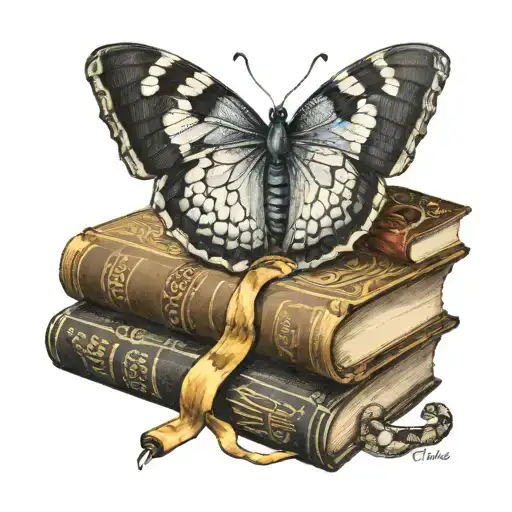 A Snake Coiled Around A Stack Of Books With A Butterfly Perched On Top