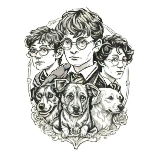 Portrait Tattoos Of My 2 Kids And Dogs In Harry Potter Style