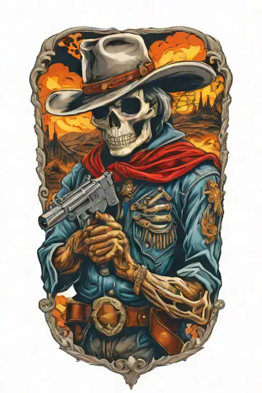 Cowboy Skeleton Holding A Pistol Surrounded