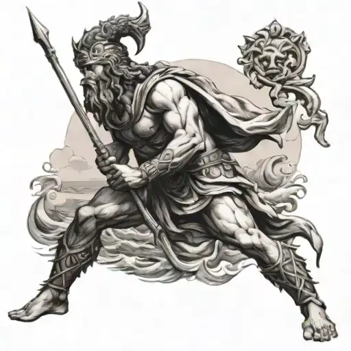 A Blackwork Tattoo Of The Greek Mythological God Posiden Guarding The Ocean With His Trident