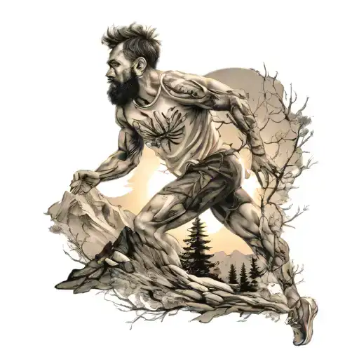 Man Running In The Mountain With The Sun And Trees