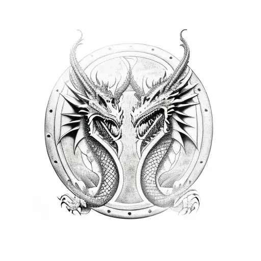 A Dragon With Two Heads Holding A Shield And A Ak47 Gun