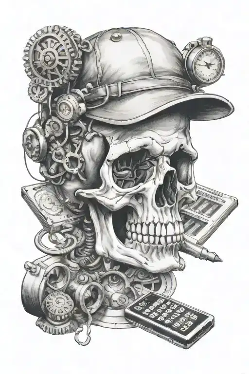 Design A Tattoo Of A Skull Wearing A Visor And Holding A Calculator