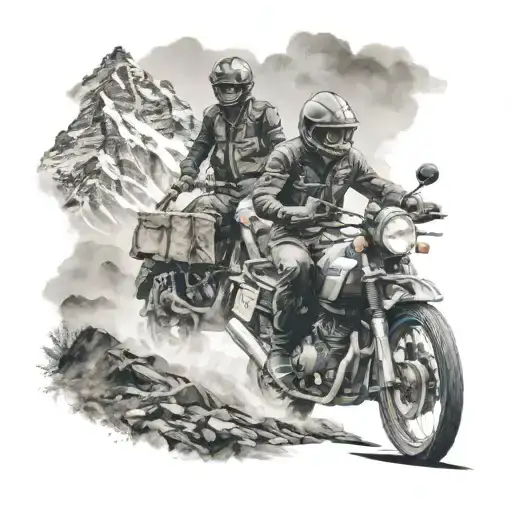 Tattoo Of Male Rider With Royal Enfield Himalayan In Scenic Mountains
