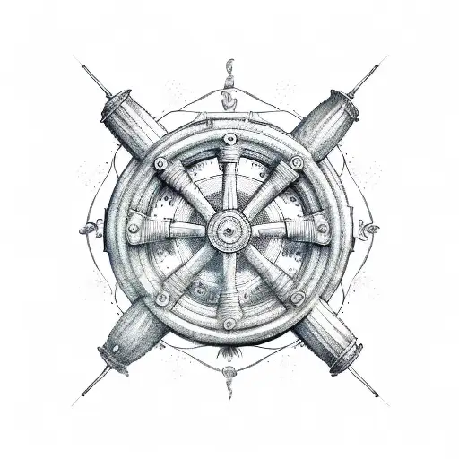 A Sketch-style Illustration Of A Ship's Wheel Surrounded By Nautical Elements