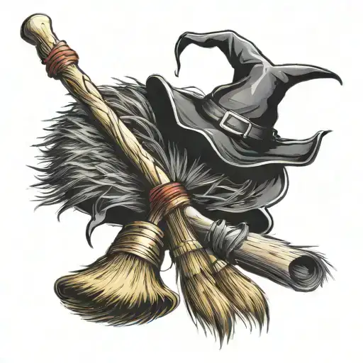 3 Realistic Witch Brooms Crossing Handles With With Hat On The Middle