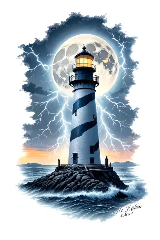 Lighthouse In A Lightning Storm In Evening With Moon