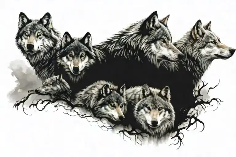 A Tattoo Design Featuring A Wolf Pack Symbolizing Your 5 Kids And Their Strength As A Unit