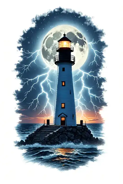 Lighthouse In A Lightning Storm In Evening With Moon