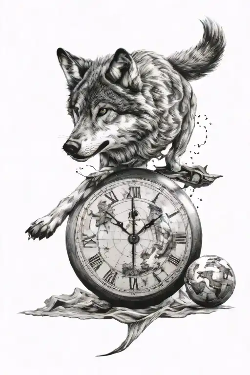 Wolf Chasing Time Clock Around A Globe