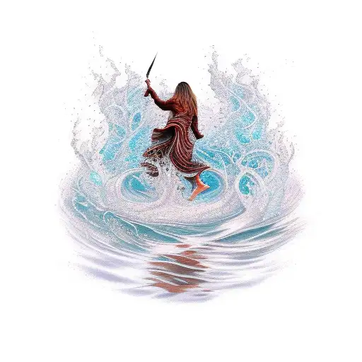 Person Walking Through A Whirwind Of Water And Fire