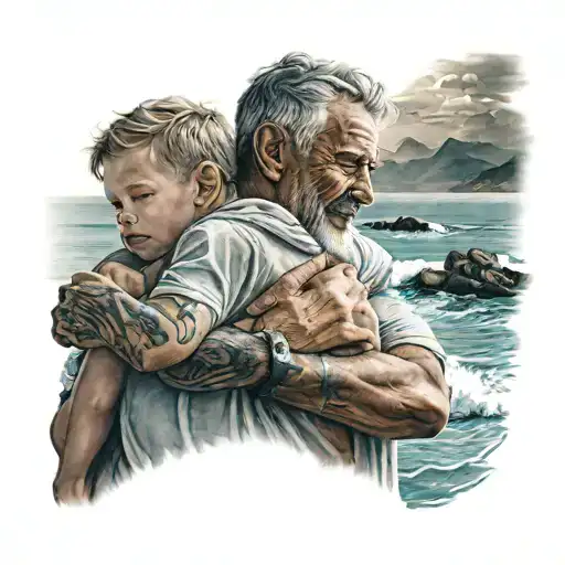 Father Hugging His Son With The Sea In The Background