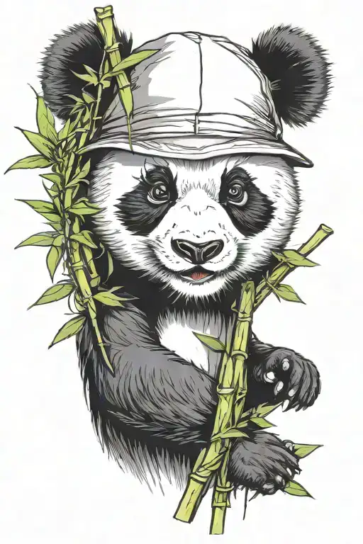 Ninja Panda Wearing Hat Holiding Bamboo In The Hand In Front Of Bamboo Bushes