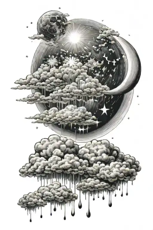 Rainy Cloud With Rain And A Sun Moon Stars