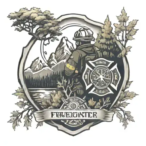 A Firefighter Emblem Surrounded By Nature Elements Like Trees And Mountains