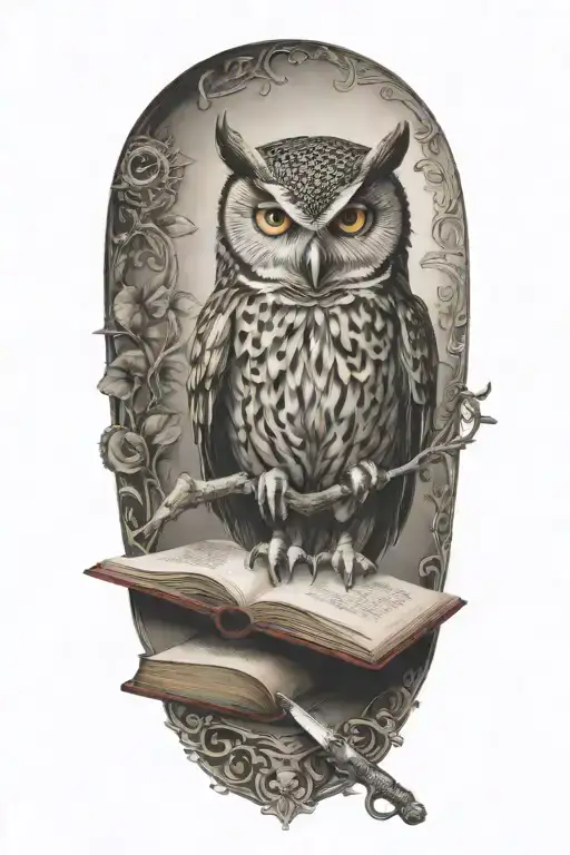 Owl Reading And Open Book With A Butchers Knife Behind Tha Back