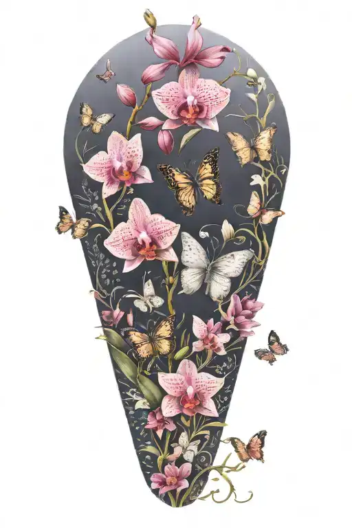 Pink Orchids With Graceful Butterflies In Flight