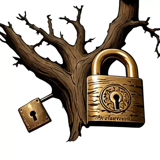 Oak Tree With A Ancient Padlock For The Trunk