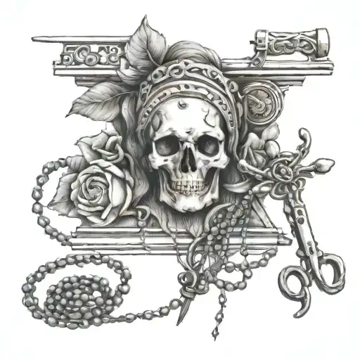 Sewing Needing With Thread And Catholic Rosary And Hair Scissors