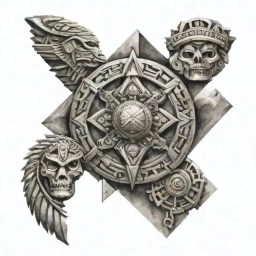 A Rock And Metal Themed Tattoo With Aztec Motifs And Cosmic Elements Intertwined