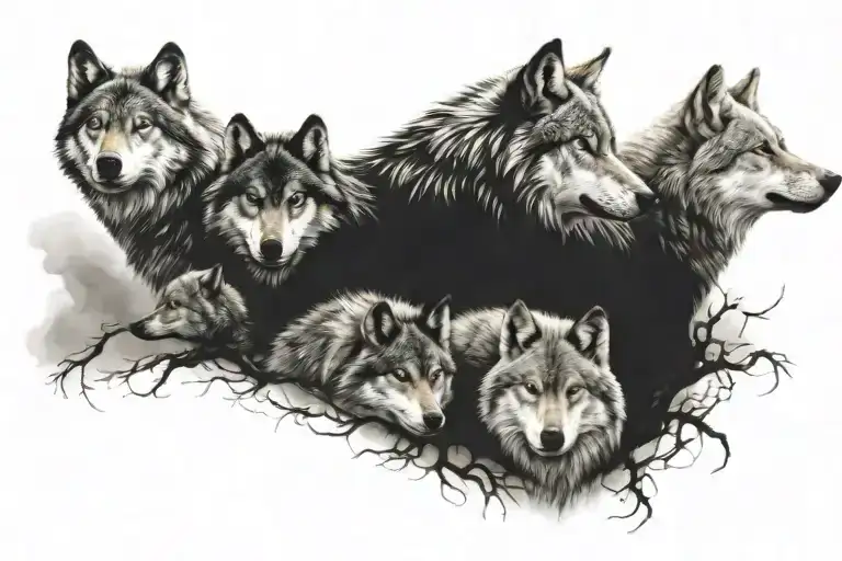 A Tattoo Design Featuring A Wolf Pack Symbolizing Your 5 Kids And Their Strength As A Unit