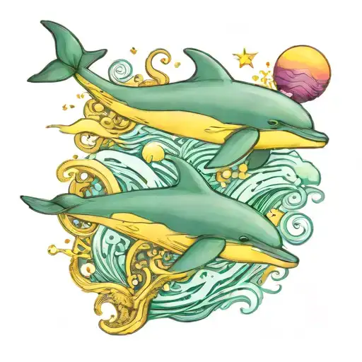 Purple And Blue Dolphins Swimming Side By Side In A Galaxy Coloured Ocean