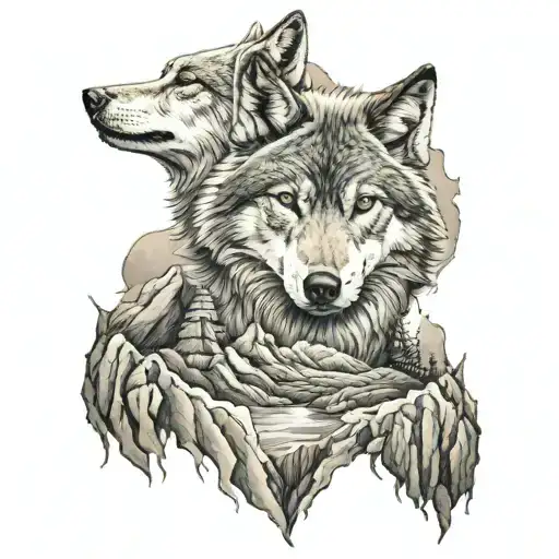 Wolf In Mountain Tatto In The Chest