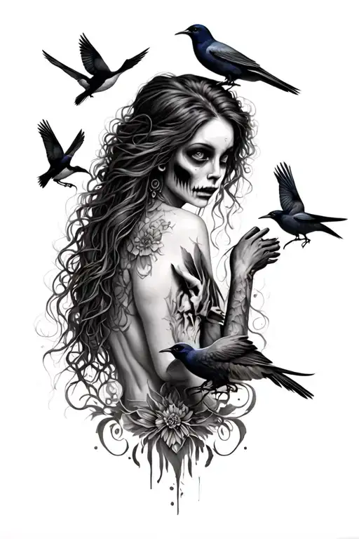Pretty Lady Zombie Tattoo Featuring 5 Birds