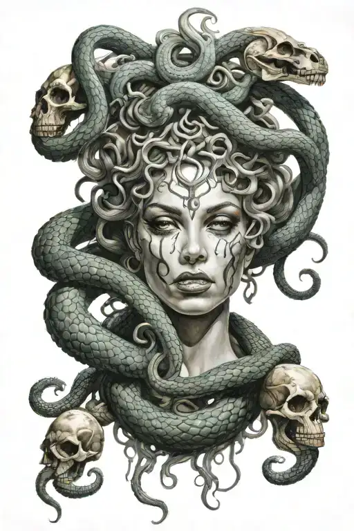 Medusa Beautiful With Snakes With A Skull On The Hand