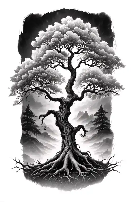 Black And White Gaelic Rowan Tree With Roots Reaching Deep