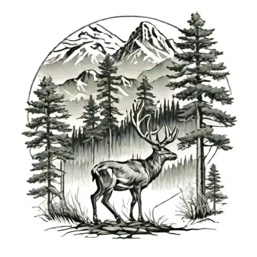 Mountains With Trees And Deer Standing