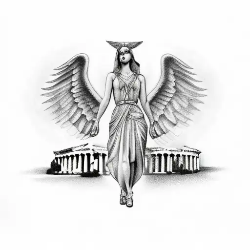 Fallen Angel With Greek Buildings Behind
