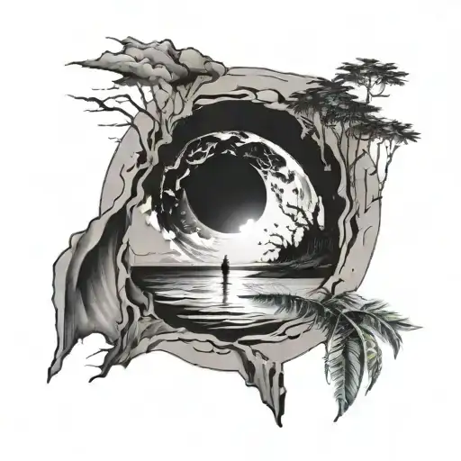 A Minimalist Tattoo Of A Black Hole With A Beach Landscape Inside It