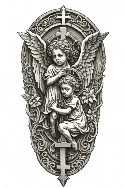 Two Little Angels With Cross In Between