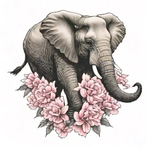 Elephant Surrounded By Pink Carnations And A Hummingbird