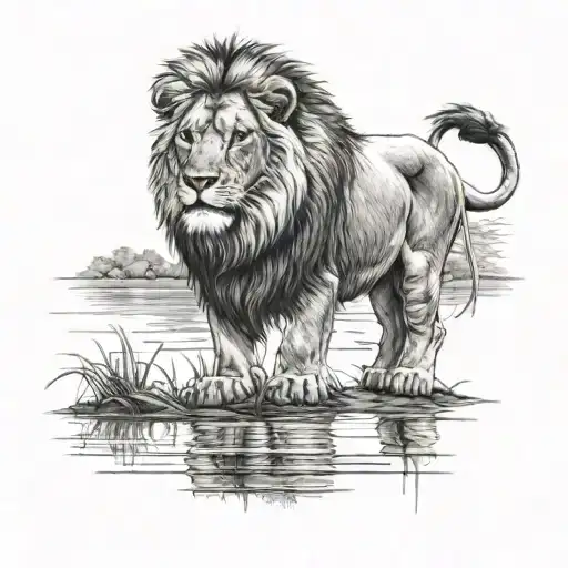 Big Lion Looking At The Reflection In A Lake When He Was Little