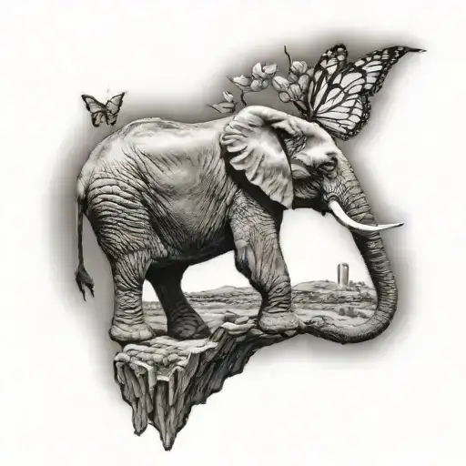 Elephant With Monarch Butterfly Landing On Tip Of Trunk